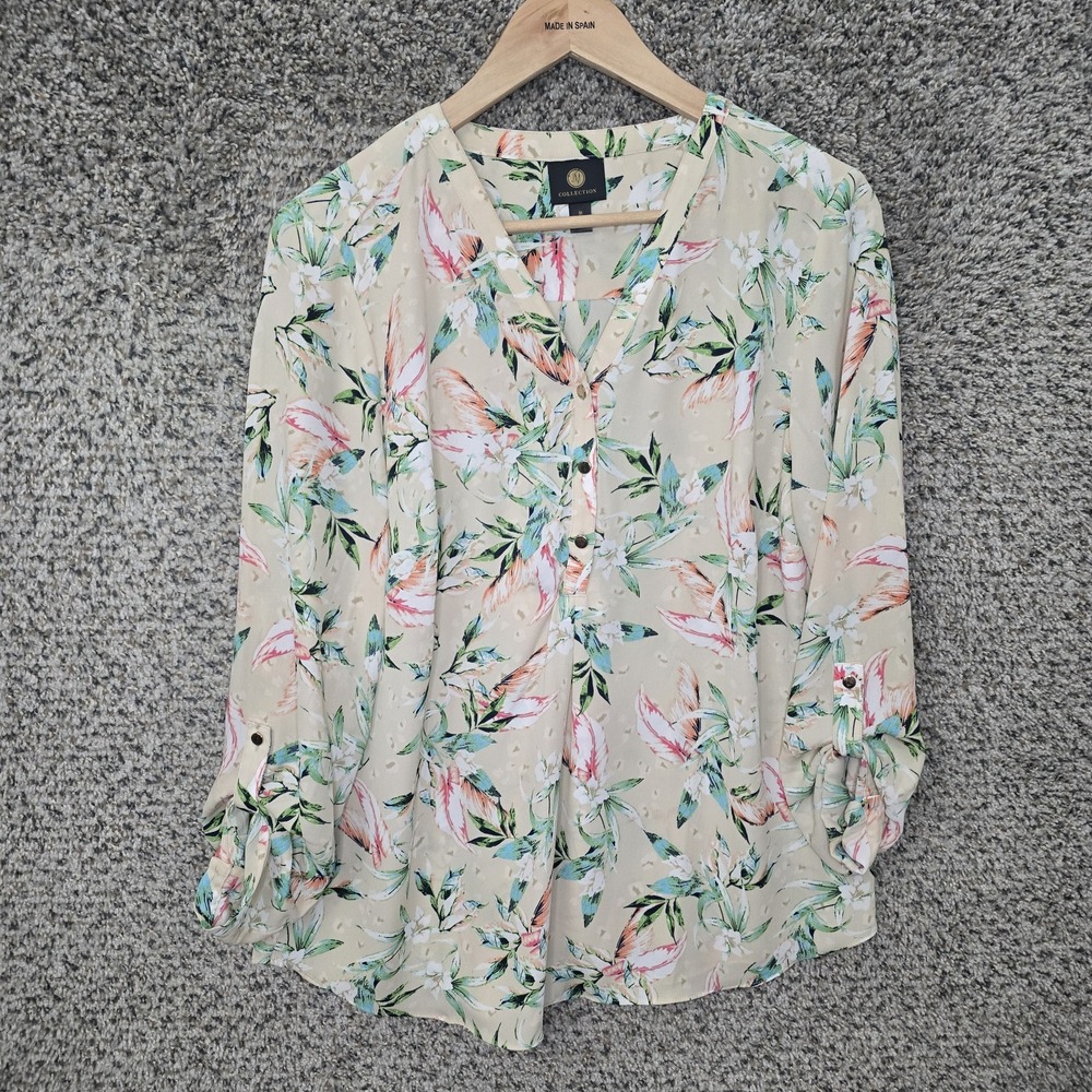 JM Collection Top‎ Womens Medium Beige Floral Print Semi Sheer Blouse Ladies